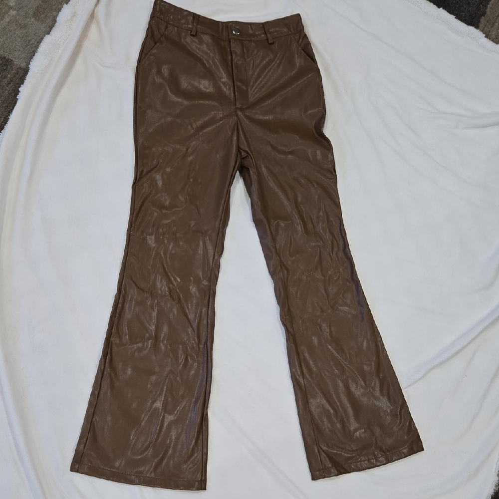 SHEIN Faux Leather Flare Jeans in Brown Size Petite S